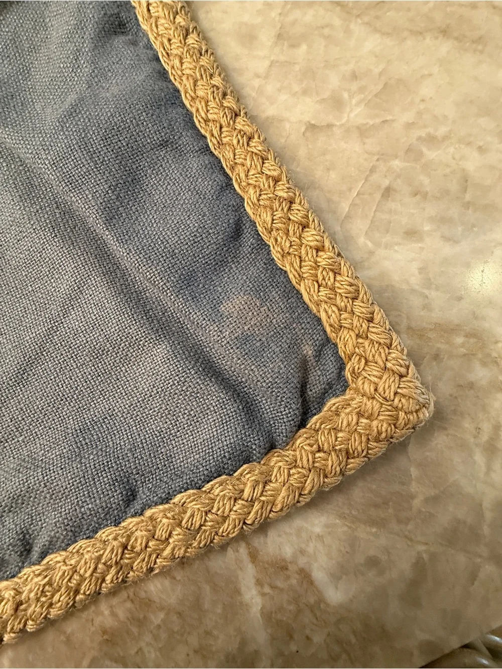 3 Pottery Barn 22x22 Blue Linen Pillow Covers with Burlap and braided Trim